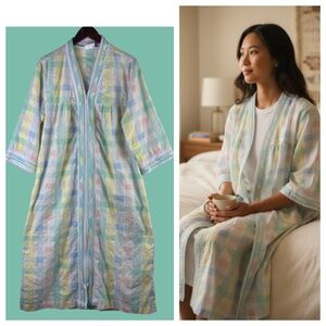 Vtg National Sz Medium House Dress Coat Mumu Plaid Pastel Lounge Zip Comfort
